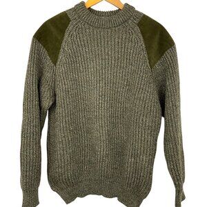 Niffi Chatsworth Sweater Green 100% Wool‎ Suede Patches Fisherman Size Medium M